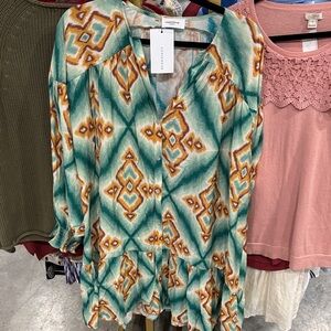 Anniewear Teal & Mustard Printed V-Neck Tunic